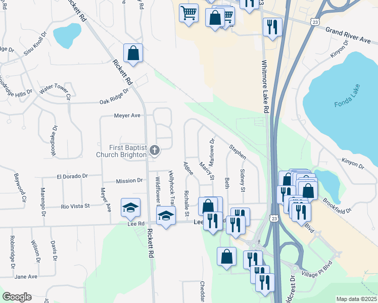 map of restaurants, bars, coffee shops, grocery stores, and more near 6220 Aldine in Brighton