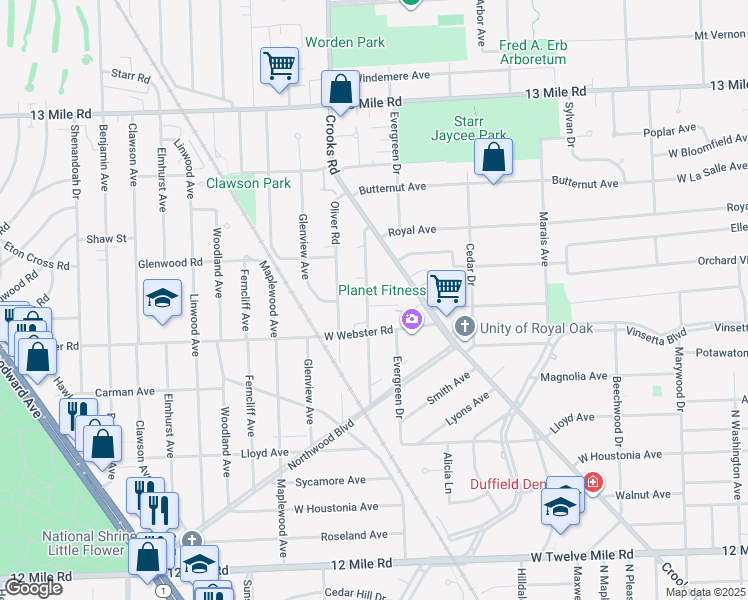 map of restaurants, bars, coffee shops, grocery stores, and more near 2505 Galpin Avenue in Royal Oak