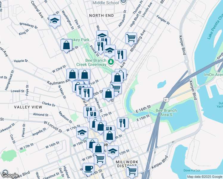map of restaurants, bars, coffee shops, grocery stores, and more near 1887 Elm Street in Dubuque