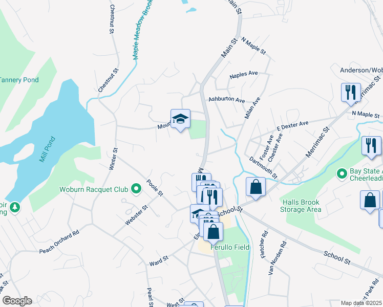 map of restaurants, bars, coffee shops, grocery stores, and more near 960 Main Street in Woburn
