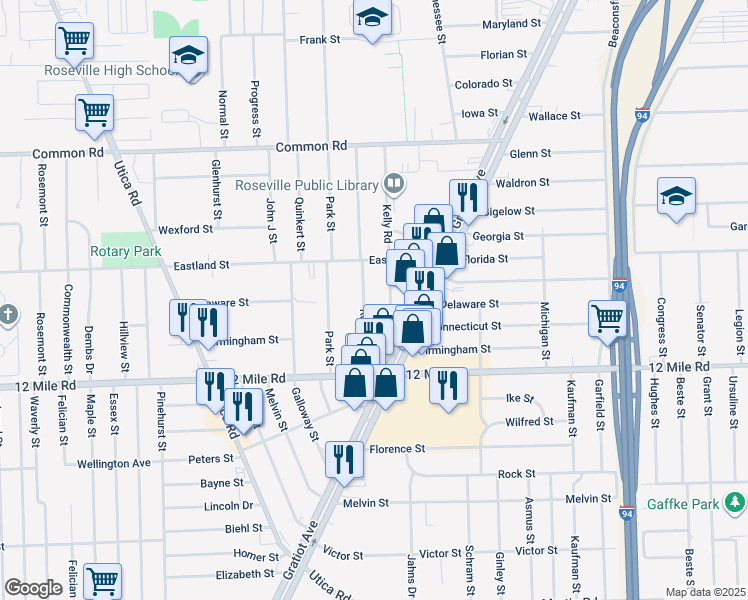 map of restaurants, bars, coffee shops, grocery stores, and more near 18639 Connecticut Street in Roseville