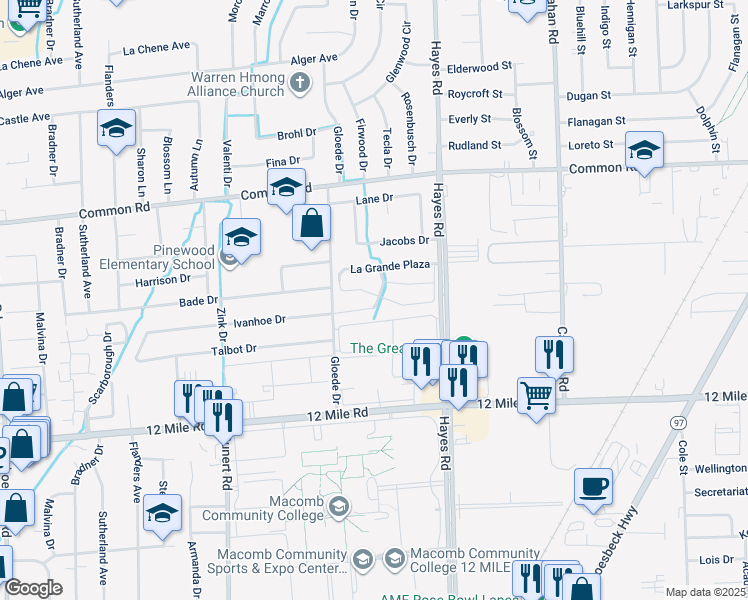 map of restaurants, bars, coffee shops, grocery stores, and more near 15058 Eldorado Terrace in Warren