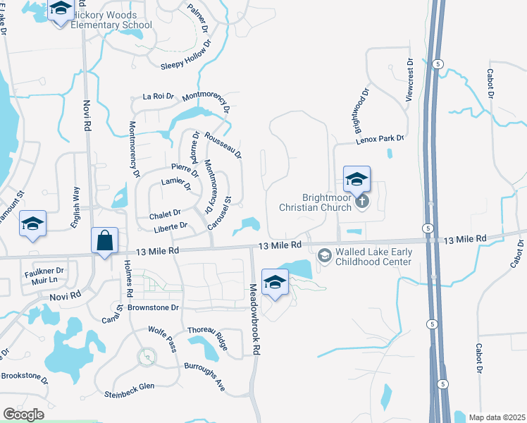 map of restaurants, bars, coffee shops, grocery stores, and more near 41414 West 13 Mile Road in Novi