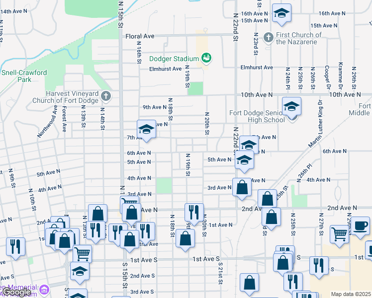 map of restaurants, bars, coffee shops, grocery stores, and more near 443 North 18th Street in Fort Dodge