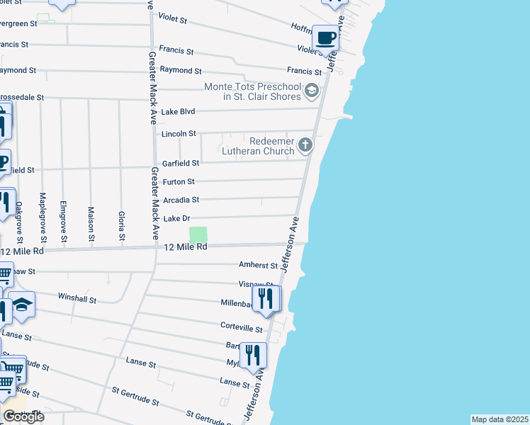 map of restaurants, bars, coffee shops, grocery stores, and more near 22809 Twelve Mile Road in St. Clair Shores