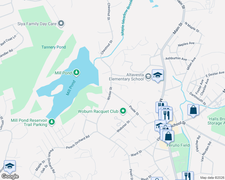 map of restaurants, bars, coffee shops, grocery stores, and more near 16 Winter Street in Woburn