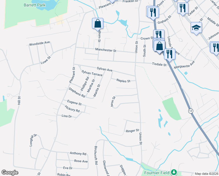 map of restaurants, bars, coffee shops, grocery stores, and more near 126 Avon Street in Leominster