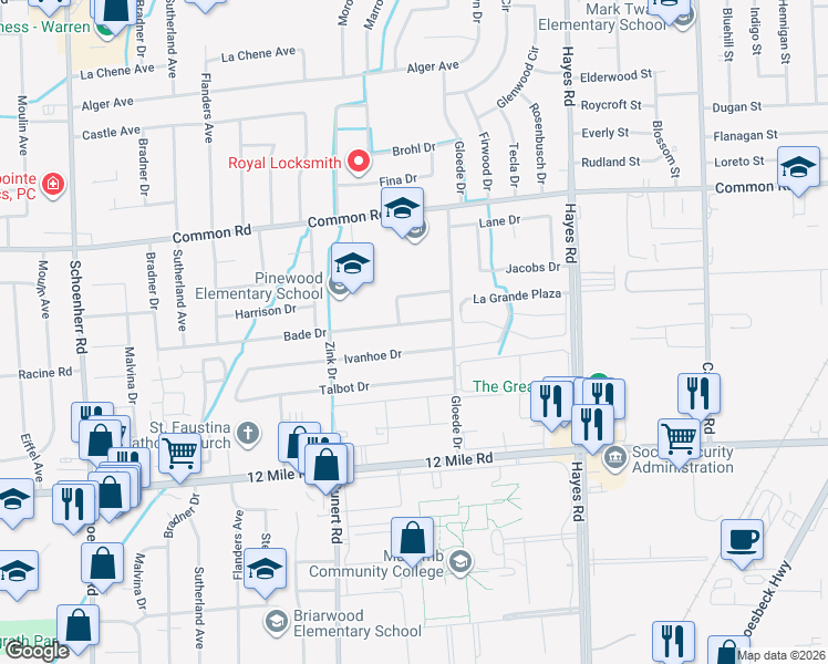 map of restaurants, bars, coffee shops, grocery stores, and more near 14606 Ivanhoe Drive in Warren