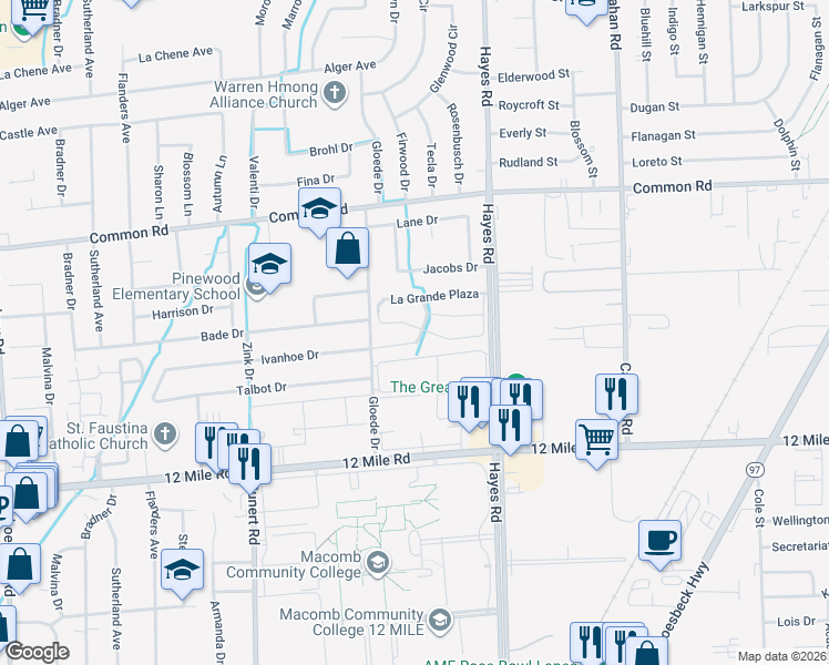 map of restaurants, bars, coffee shops, grocery stores, and more near 15058 Eldorado Terrace in Warren