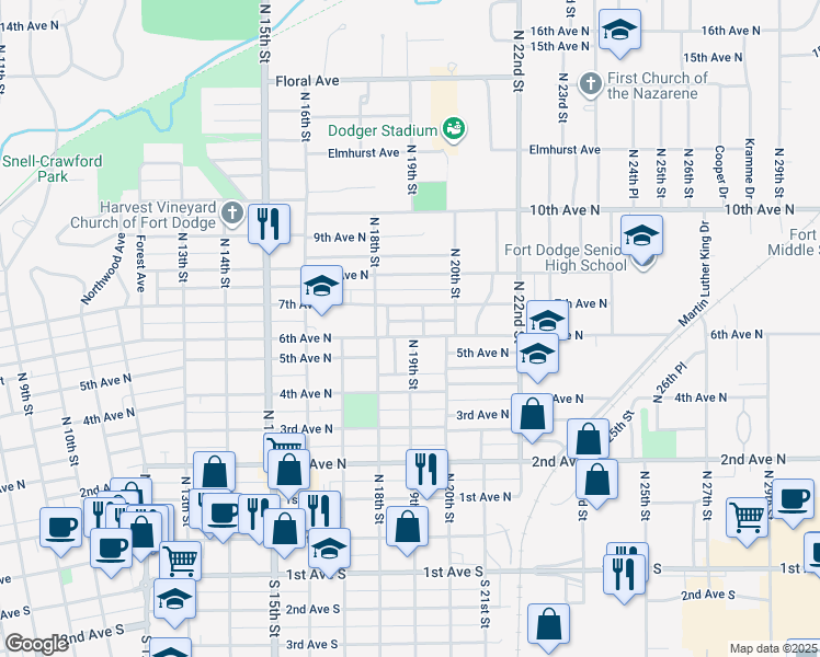 map of restaurants, bars, coffee shops, grocery stores, and more near 443 North 18th Street in Fort Dodge