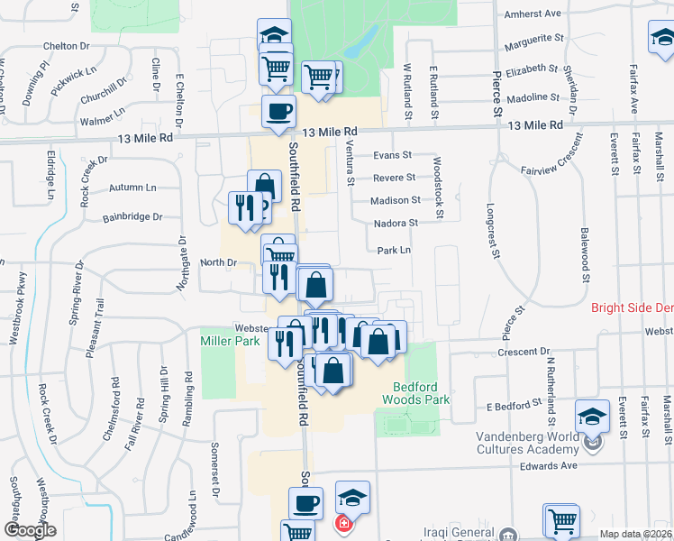 map of restaurants, bars, coffee shops, grocery stores, and more near 30252 Southfield Road in Southfield