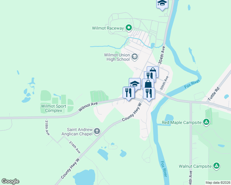map of restaurants, bars, coffee shops, grocery stores, and more near 31110 114th Street in Twin Lakes