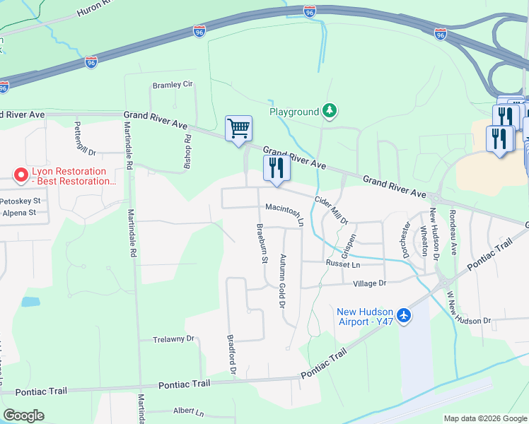 map of restaurants, bars, coffee shops, grocery stores, and more near 57863 Cider Mill Drive in Lyon Charter Township