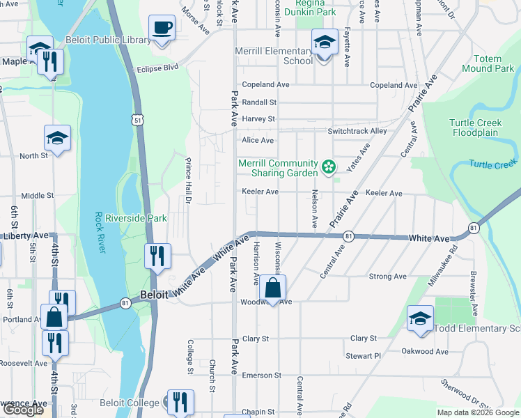map of restaurants, bars, coffee shops, grocery stores, and more near 1010 Keeler Avenue in Beloit