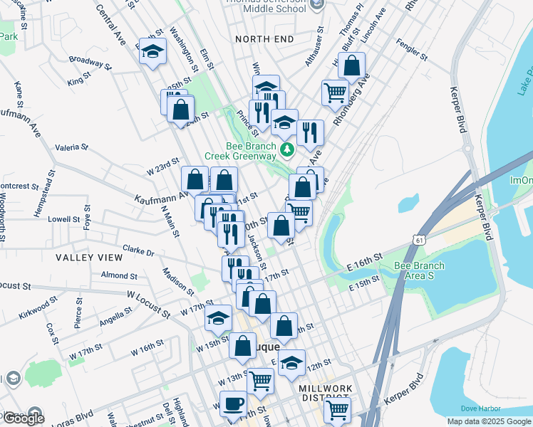 map of restaurants, bars, coffee shops, grocery stores, and more near 2064 Washington Street in Dubuque