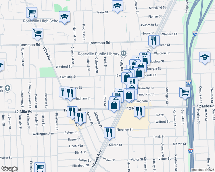 map of restaurants, bars, coffee shops, grocery stores, and more near 29434 Park Street in Roseville