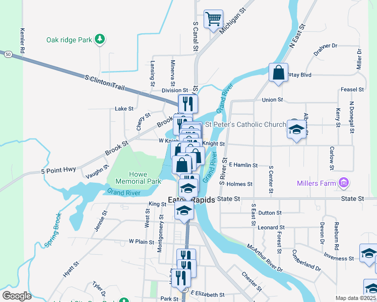 map of restaurants, bars, coffee shops, grocery stores, and more near 118 North Main Street in Eaton Rapids