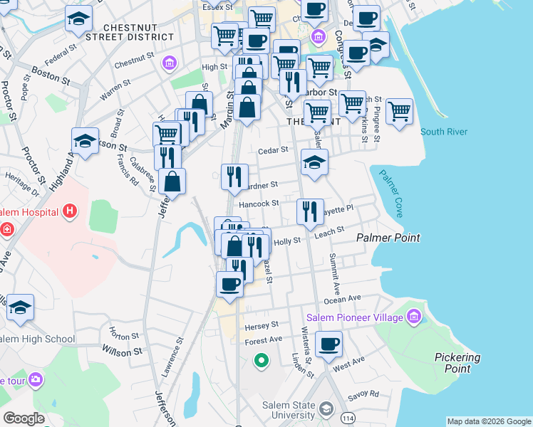 map of restaurants, bars, coffee shops, grocery stores, and more near 25 Cabot Street in Salem