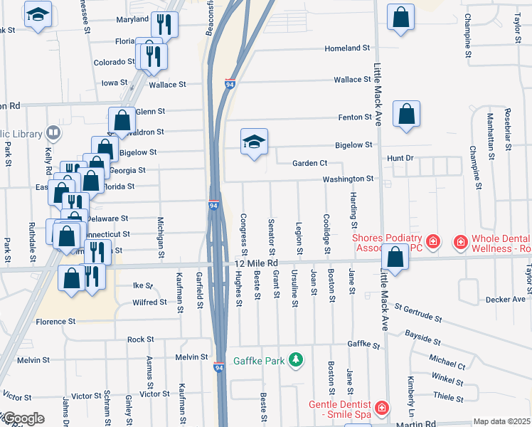 map of restaurants, bars, coffee shops, grocery stores, and more near 29211 Senator Street in Roseville