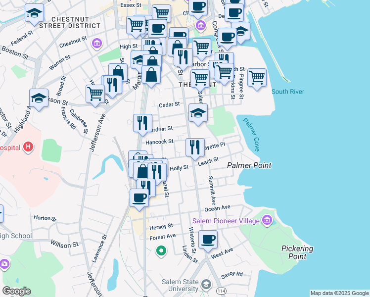 map of restaurants, bars, coffee shops, grocery stores, and more near 6 Hancock Street in Salem