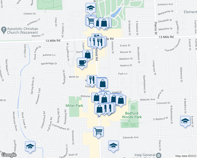 map of restaurants, bars, coffee shops, grocery stores, and more near 30455 Southfield Road in Southfield