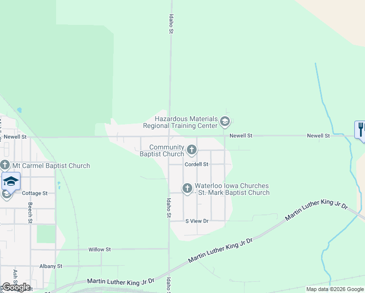 map of restaurants, bars, coffee shops, grocery stores, and more near 1701-1799 Newell Street in Waterloo
