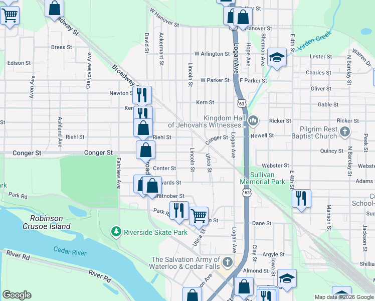 map of restaurants, bars, coffee shops, grocery stores, and more near 725 Lincoln Street in Waterloo