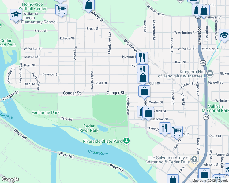 map of restaurants, bars, coffee shops, grocery stores, and more near 633 Riehl Street in Waterloo