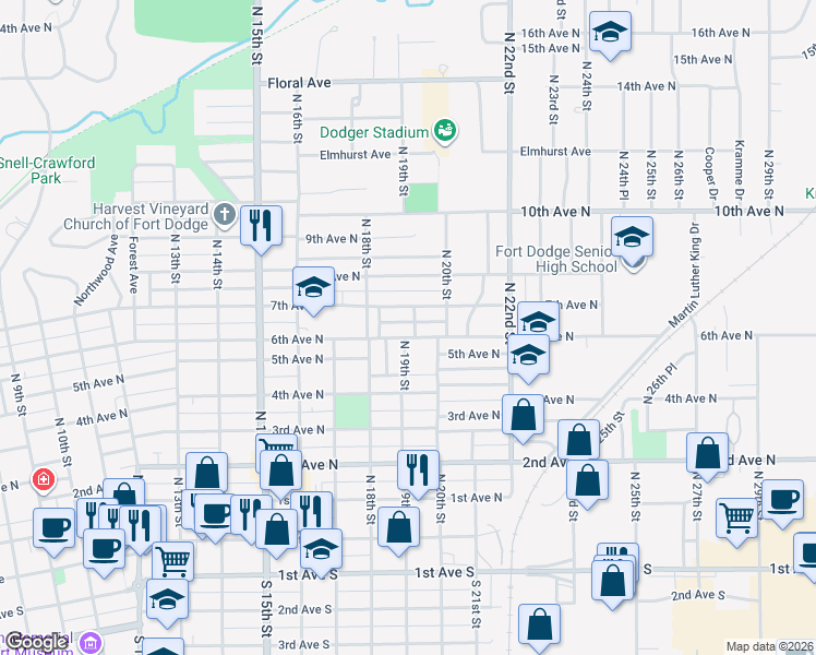 map of restaurants, bars, coffee shops, grocery stores, and more near 1852 7th Avenue North in Fort Dodge