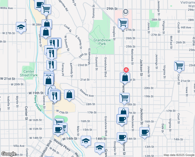 map of restaurants, bars, coffee shops, grocery stores, and more near 2110 Summit Street in Sioux City