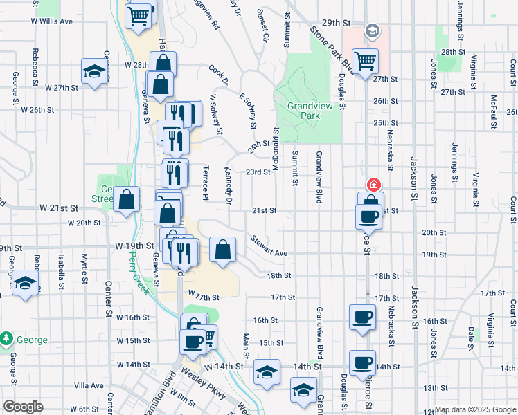 map of restaurants, bars, coffee shops, grocery stores, and more near 2121 Heights Avenue in Sioux City