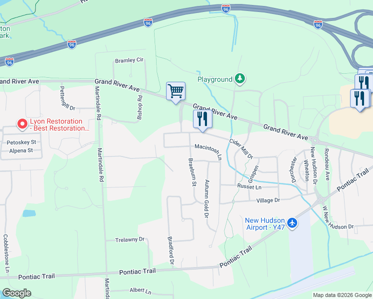 map of restaurants, bars, coffee shops, grocery stores, and more near 57863 Cider Mill Drive in Lyon Charter Township