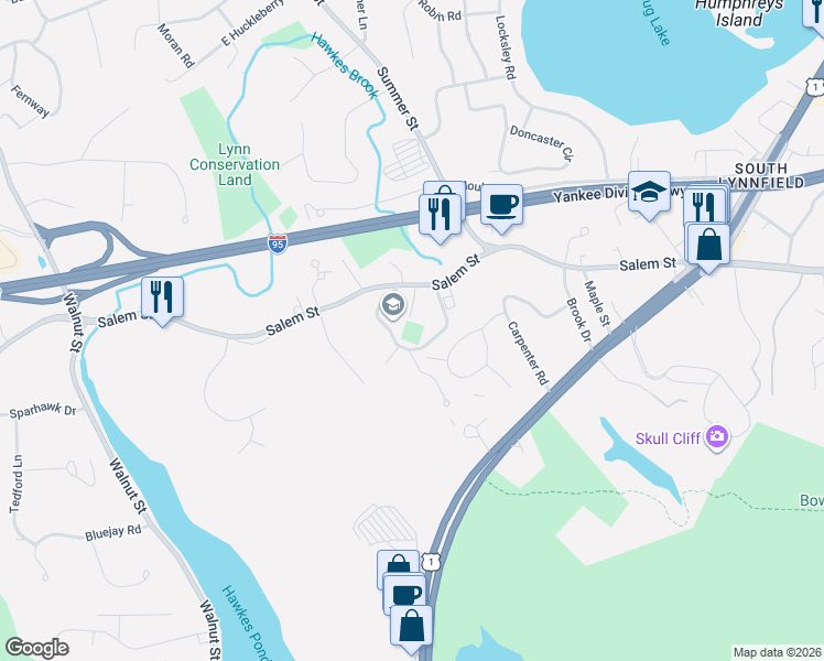 map of restaurants, bars, coffee shops, grocery stores, and more near 525 Salem Street in Lynnfield