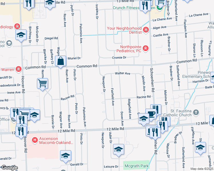 map of restaurants, bars, coffee shops, grocery stores, and more near 29734 Newport Drive in Warren