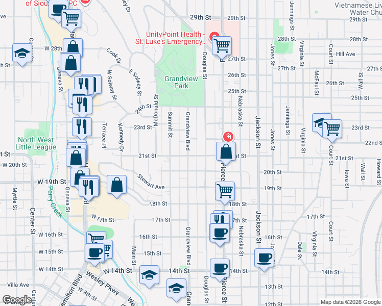 map of restaurants, bars, coffee shops, grocery stores, and more near 2126 Grandview Boulevard in Sioux City