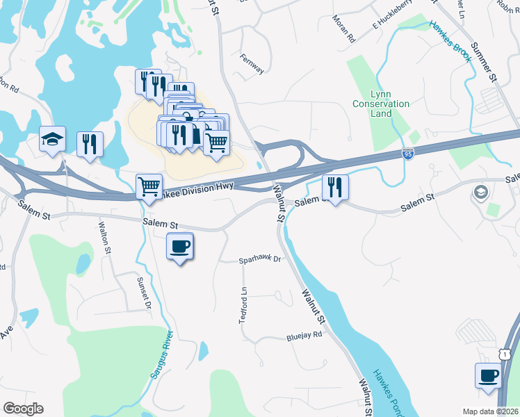 map of restaurants, bars, coffee shops, grocery stores, and more near 159 Salem Street in Lynnfield