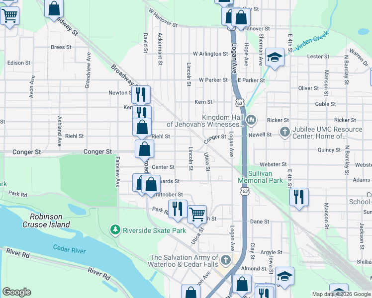 map of restaurants, bars, coffee shops, grocery stores, and more near 725 Lincoln Street in Waterloo