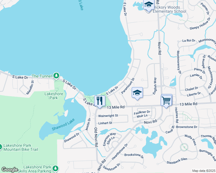 map of restaurants, bars, coffee shops, grocery stores, and more near in Novi