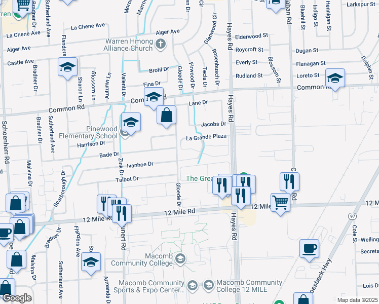 map of restaurants, bars, coffee shops, grocery stores, and more near 14874 La Grande Plaza in Warren