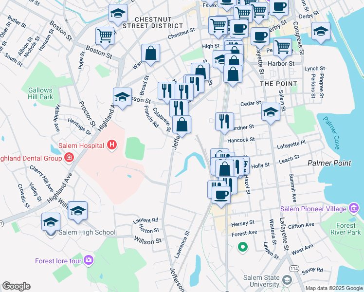 map of restaurants, bars, coffee shops, grocery stores, and more near 50 Jefferson Avenue in Salem