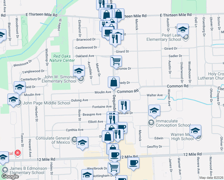 map of restaurants, bars, coffee shops, grocery stores, and more near 30031 Dequindre Road in Madison Heights