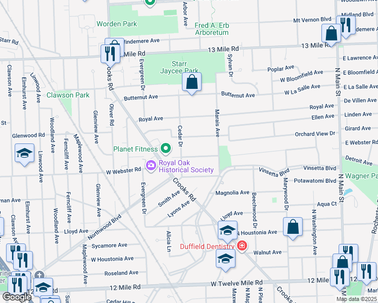 map of restaurants, bars, coffee shops, grocery stores, and more near 1126 West Webster Road in Royal Oak