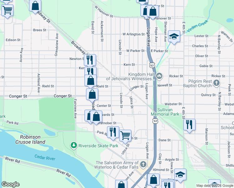 map of restaurants, bars, coffee shops, grocery stores, and more near 725 Lincoln Street in Waterloo