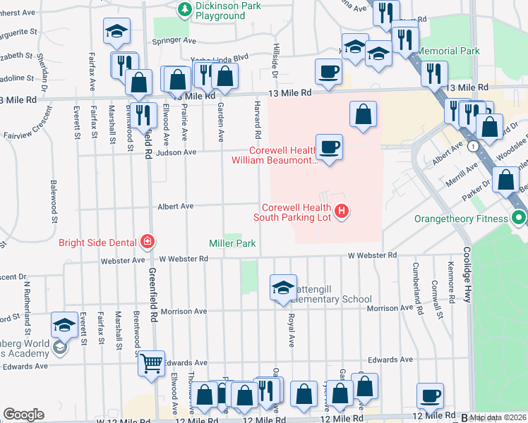 map of restaurants, bars, coffee shops, grocery stores, and more near 3210 Harvard Road in Royal Oak