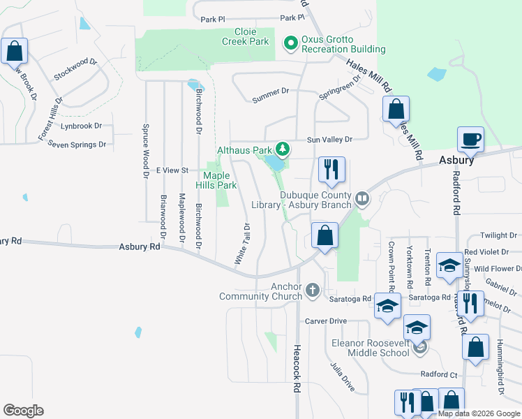 map of restaurants, bars, coffee shops, grocery stores, and more near 2407 Antler Ridge Drive in Asbury