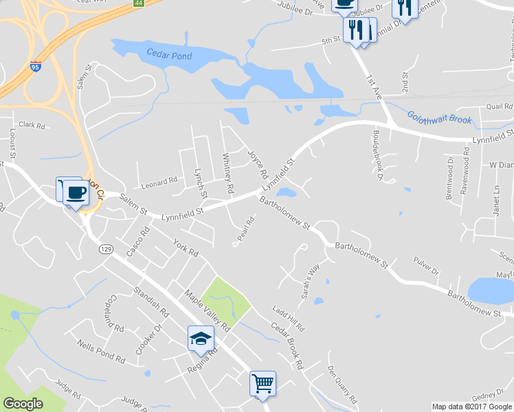 map of restaurants, bars, coffee shops, grocery stores, and more near 1 Pearl Street in Peabody