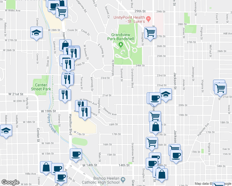 map of restaurants, bars, coffee shops, grocery stores, and more near 2121 McDonald Street in Sioux City