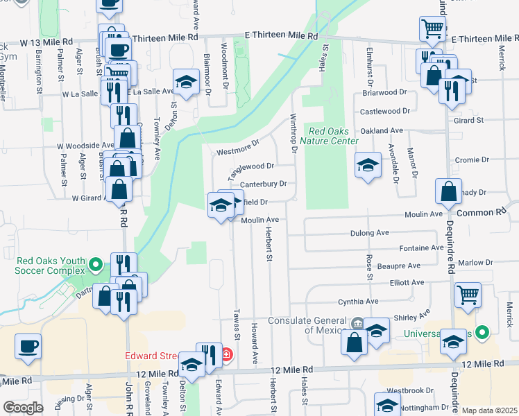map of restaurants, bars, coffee shops, grocery stores, and more near 903 Sheffield Drive in Madison Heights