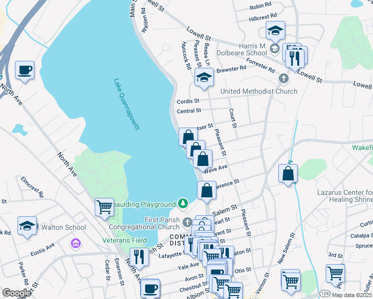 map of restaurants, bars, coffee shops, grocery stores, and more near 200 Main Street in Wakefield