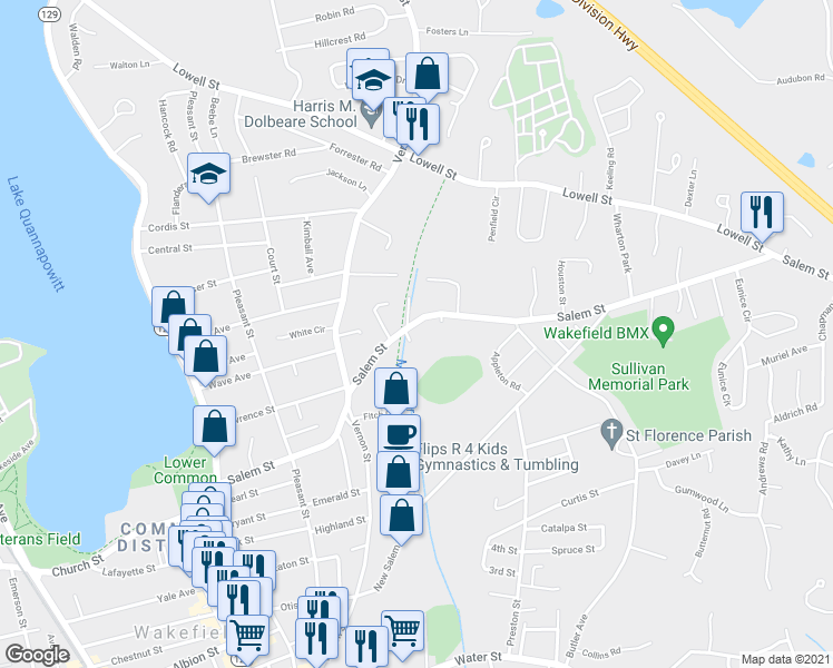 map of restaurants, bars, coffee shops, grocery stores, and more near 143 Salem Street in Wakefield